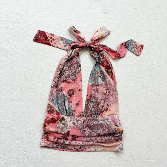 Shein Mesh Floral Ruched Halter Crop Top, Size Small - Picture 1 of 6